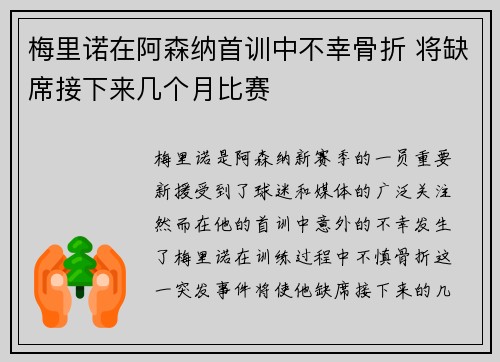 梅里诺在阿森纳首训中不幸骨折 将缺席接下来几个月比赛